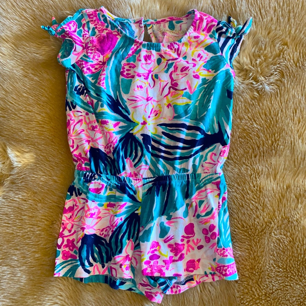 Lilly Pulitzer Little Girls’ Pink/Aqua/Navy Romper, Size XS (Toddler 2-3)